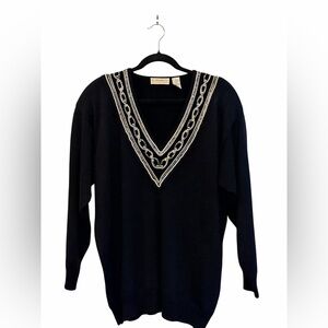 Vintage Elisabeth Liz Claiborne Wool Mix BLK Beaded Pearl V-Neck Sweater 90s XL